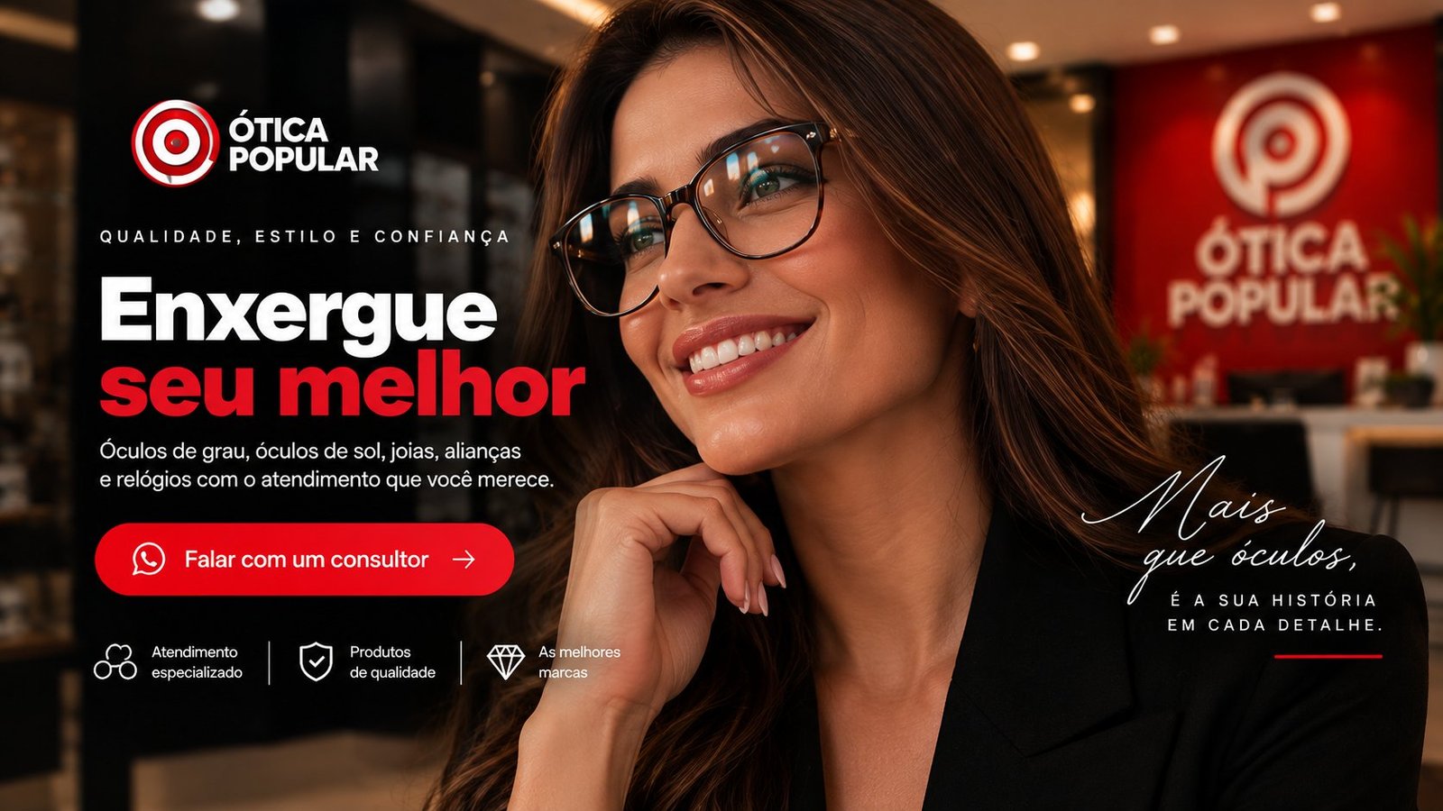Modelo sorrindo usando óculos na Ótica Popular